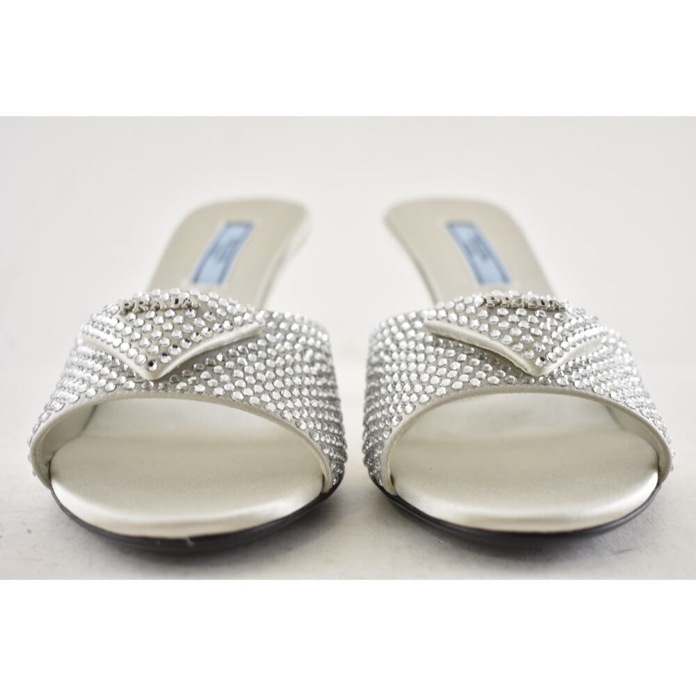 Prada Crystal Satin Stiletto Perla White Grey Backless Sandal Mule Heel Pump 36 - Picture 11 of 16